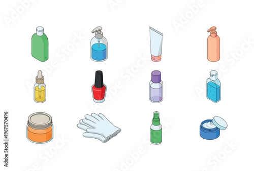 Collection of isometric personal care and beauty products in various containers