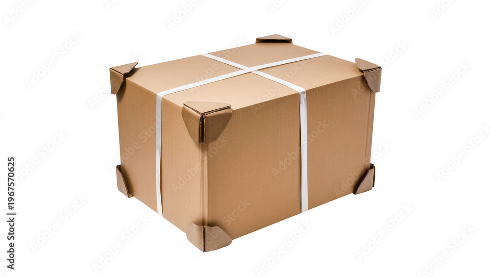 Fototapeta premium Cardboard box with protective corner protectors and white straps, isolated on transparent background