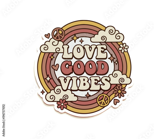 Retro "Love Good Vibes" sticker with rainbow and clouds design