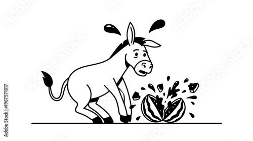 Minimalist Donkey with Falling Watermelons Line Art, Monochrome Vector Illustration of Cartoon Slapstick Humor