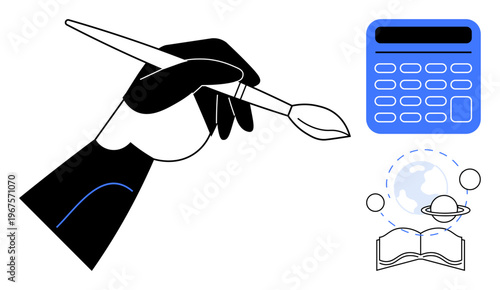 Art, education, creativity, learning, exploration, design. A hand holding a paintbrush, a calculator open book and planetary elements. Art and education explored visually