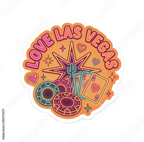 Retro casino themed sticker illustration featuring LOVE LAS VEGAS in bold rounded typography, surrounded by poker chips, neon