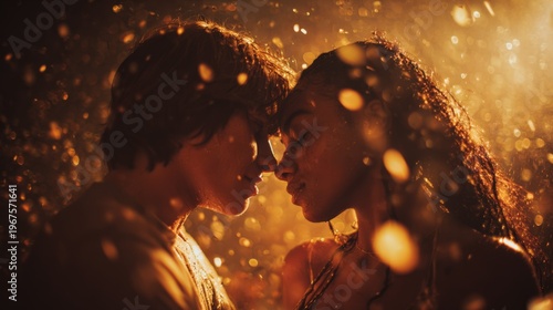 Romantic Couple Embraced in a Magical Golden Glow