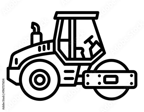 black and white line art road roller construction vehicle isolated on white background