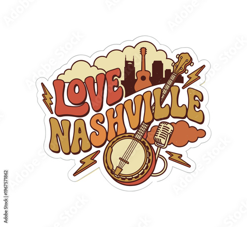 Bold retro Americana decal showcasing LOVE NASHVILLE in large bubbly typography, wrapped with a banjo, microphone, and southern