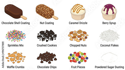 Assortment of ice cream toppings and coatings for customization and dessert creation