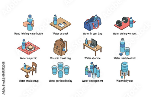 Daily hydration scenarios showing water bottles in various settings