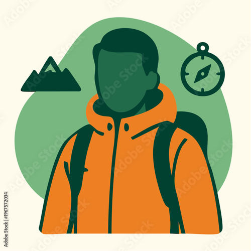 Backpacker in Orange Jacket with Mountains and Compass