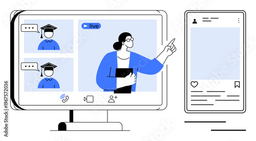 Online learning, virtual education, webinars, e-learning, communication, social media engagement. A presenter teaching remotely with two participants on a screen and a phone interface. Online