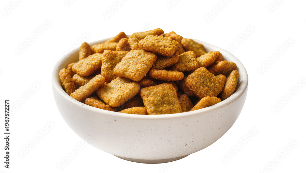 Fototapeta premium Golden square cereal pieces filling a white bowl, isolated on transparent background