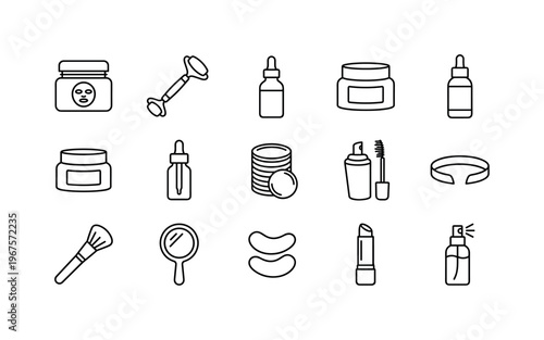 Face mask jar, facial roller, serum bottle, cream jar, dropper bottle, cotton pads stack, makeup brush, mirror, headband, eye