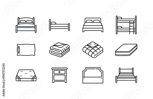 Bed, single bed, double bed, bunk bed, pillow, blanket, comforter, mattress, mattress topper, nightstand, headboard, bed frame.