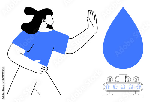 Environmental awareness, water conservation, industrial impact, sustainability, eco-consciousness, corporate responsibility. Woman holding hand in stop motion near water drop. Environmental awareness