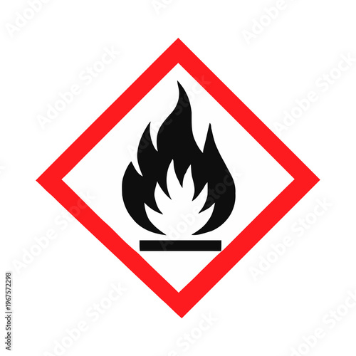 Bild auf Leinwand Black flame flammable hazard sign, chemical fire danger warning in red diamond