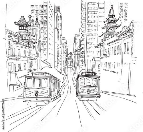 San Francisco Street View with Vintage Cable Cars - Hand-Drawn City Sketch