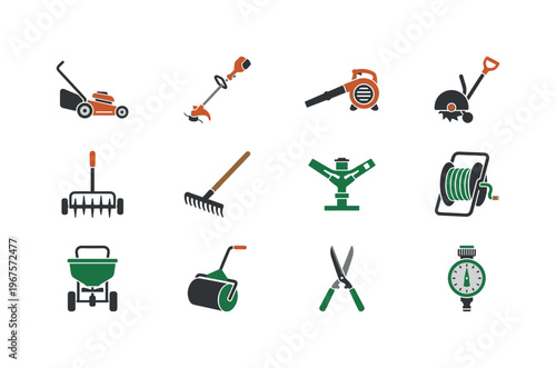 Collection of essential garden tools for lawn care and maintenance tasks