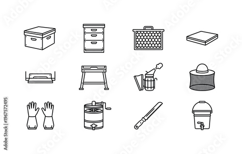 Wooden beehive box, stacked hive boxes, hive frame with comb, hive lid, hive entrance, hive stand, smoker tool, beekeeper hat,