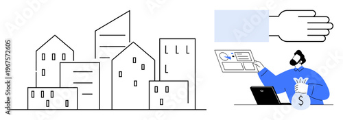 Real estate, digital finance, document security, identity authentication, smart cities, online transactions. Urban housing illustration, hand person holding money. Real estate and digital finance