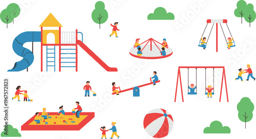 Cartoon vector illustration of children playing on swings, slides, seesaw, and sandbox in cheerful outdoor playground scenes