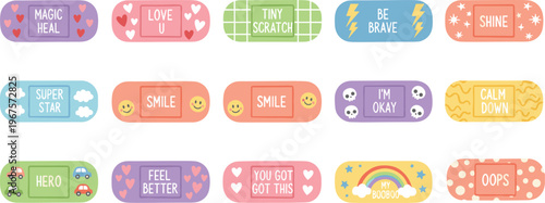 Cartoon vector illustration of colorful adhesive bandages with positive messages and playful designs for creative healthcare projects