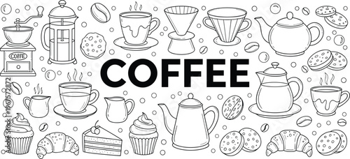 Coffee theme line art vector illustration with cups, beans, pastries, and café design