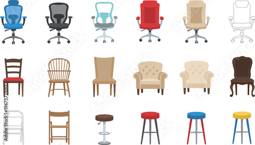 Colorful vector illustration of diverse chairs and stools symbolizing furniture design, comfort, and style variation