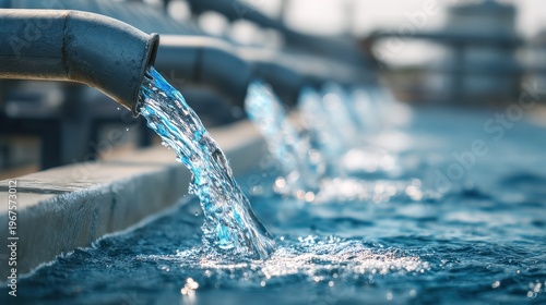 Clean water flowing from metal industrial pipes at water treatment facility
