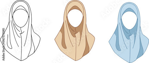Hijab illustration vector collection with line art, beige, and blue fabric designs