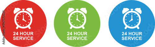 Vector illustration of 24 hour service icons with alarm clock and text in red, green, and blue circular designs