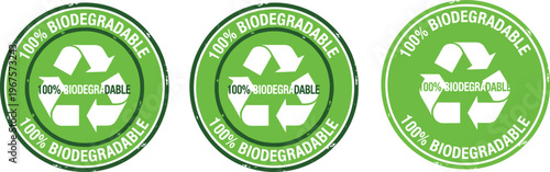 Vector illustration of biodegradable recycling badges with eco‑friendly text and green circular designs for sustainable product labeling