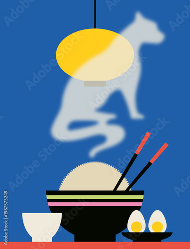 Rice Bowl with Chopsticks, Eggs and Steam Shaping a Cat