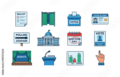 Collection of icons representing voting and democracy rights in a modern flat design
