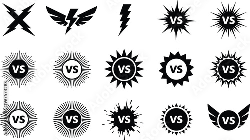Vector illustration of competitive versus icons with lightning bolts, badges, and emblems for battle, challenge, and comparison designs