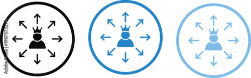 Vector illustration of crowned leader icons with outward arrows in black and blue circular designs for authority and influence