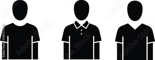 Vector illustration of human figure silhouettes wearing crew‑neck, collared, and V‑neck shirts for fashion and clothing design