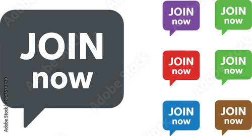 Vector illustration of JOIN now call‑to‑action speech bubble icons in multiple colors for promotion and membership design