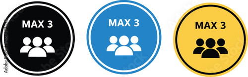 Vector illustration of maximum occupancy icons with “MAX 3” text and human figures in black, blue, and yellow designs