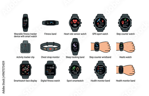 Collection of modern wearable fitness trackers and smartwatches for health monitoring