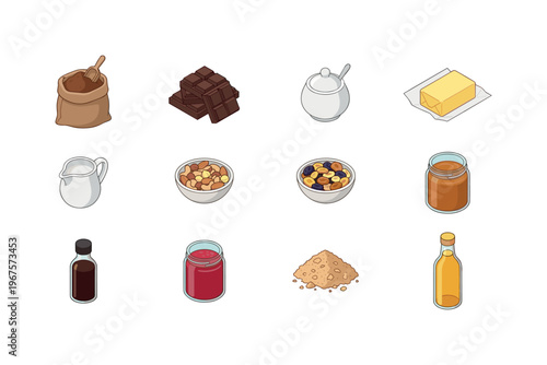 Collection of baking ingredients and sweet treats for homemade desserts