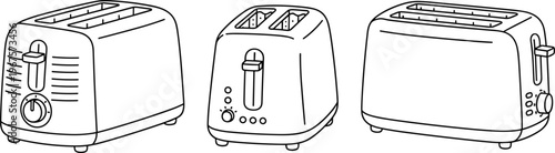 Vector illustration of modern toaster designs with slots, dials, and buttons in simple household appliance comparison set