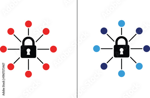 Vector illustration of network security icons with padlock and connected nodes in red and blue for data protection designs