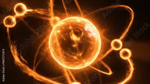 Glowing orange atom with electrons orbiting around the nucleus on a dark background