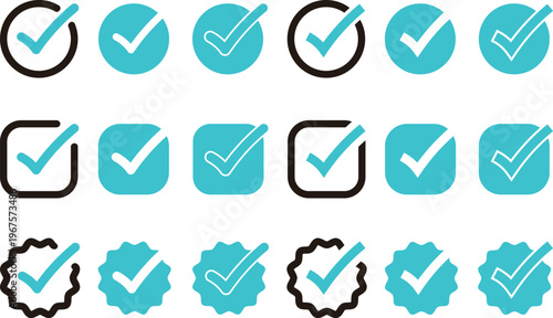 青色が入った色んな形のチェックボックスの素材セット