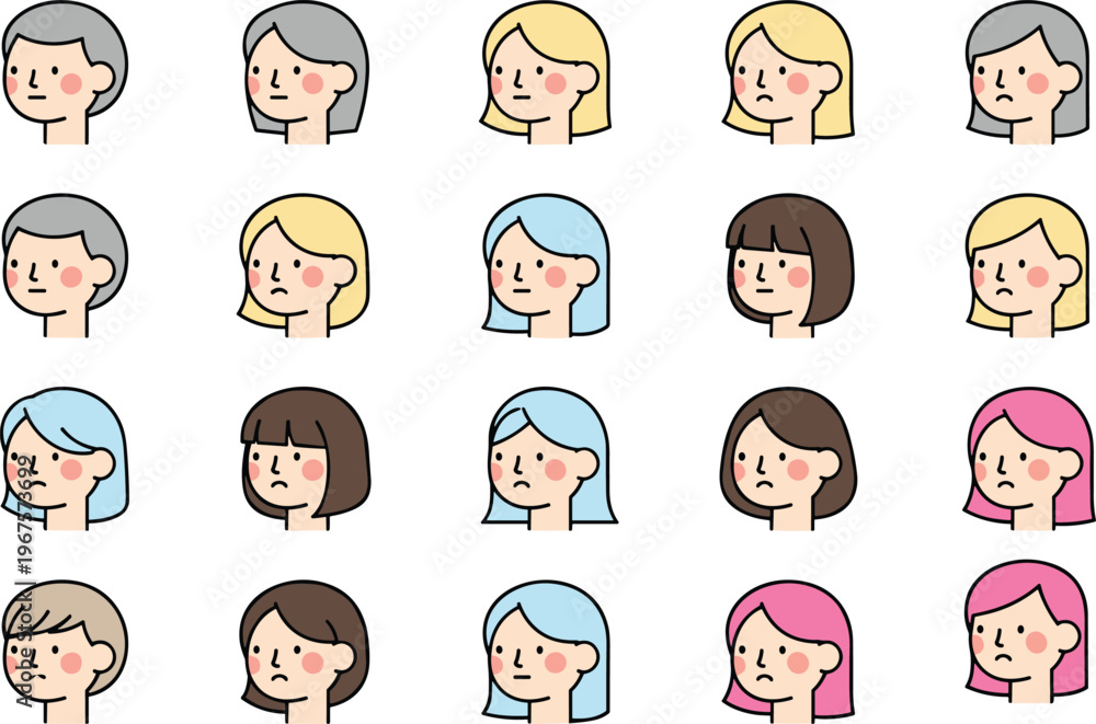 Fototapeta premium Cartoon head profile icon vector illustration with colorful hair, facial expressions, and character design