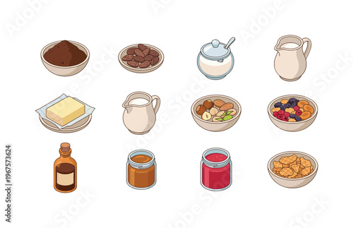 Collection of ingredients for baking and breakfast treats