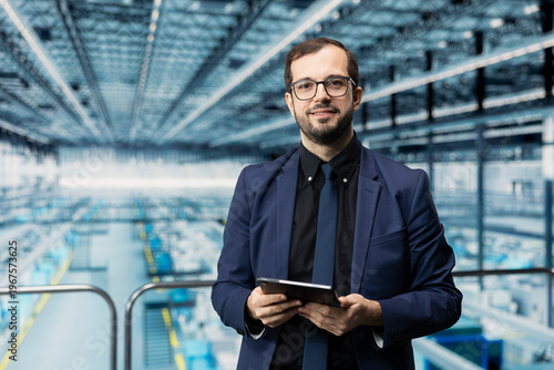 Photos Reviewing microchips factory analytics, tablet and portrait of smiling man
