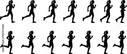 Black silhouette vector illustration of running figures symbolizing motion, athletics, and human biomechanics