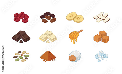 Assortment of sweet ingredients and toppings for baking and desserts