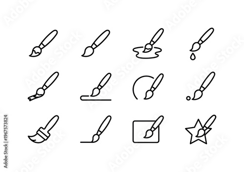 Brush with paint tip, brush clean tip, brush dipped in paint, brush with drip, brush with stroke, brush making line, brush making