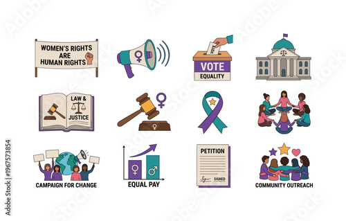 Women's rights advocacy icons representing equality, justice, and community action